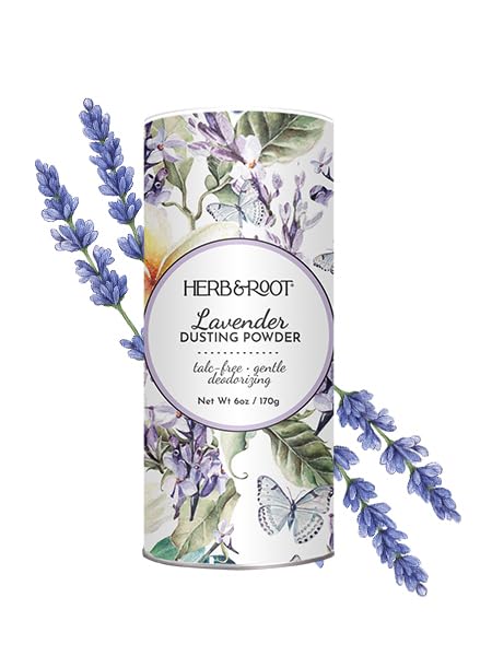 Herb & Root lavender talc-free dusting powder in a jar for soothing daily use