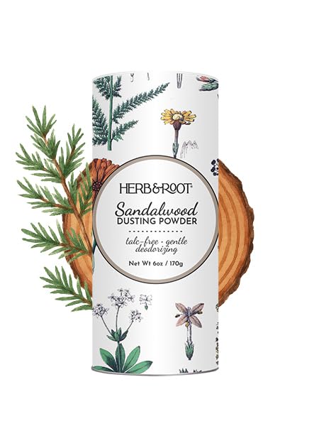 Herb & Root Sandalwood powder jar ready for daily use, lightweight absorption.