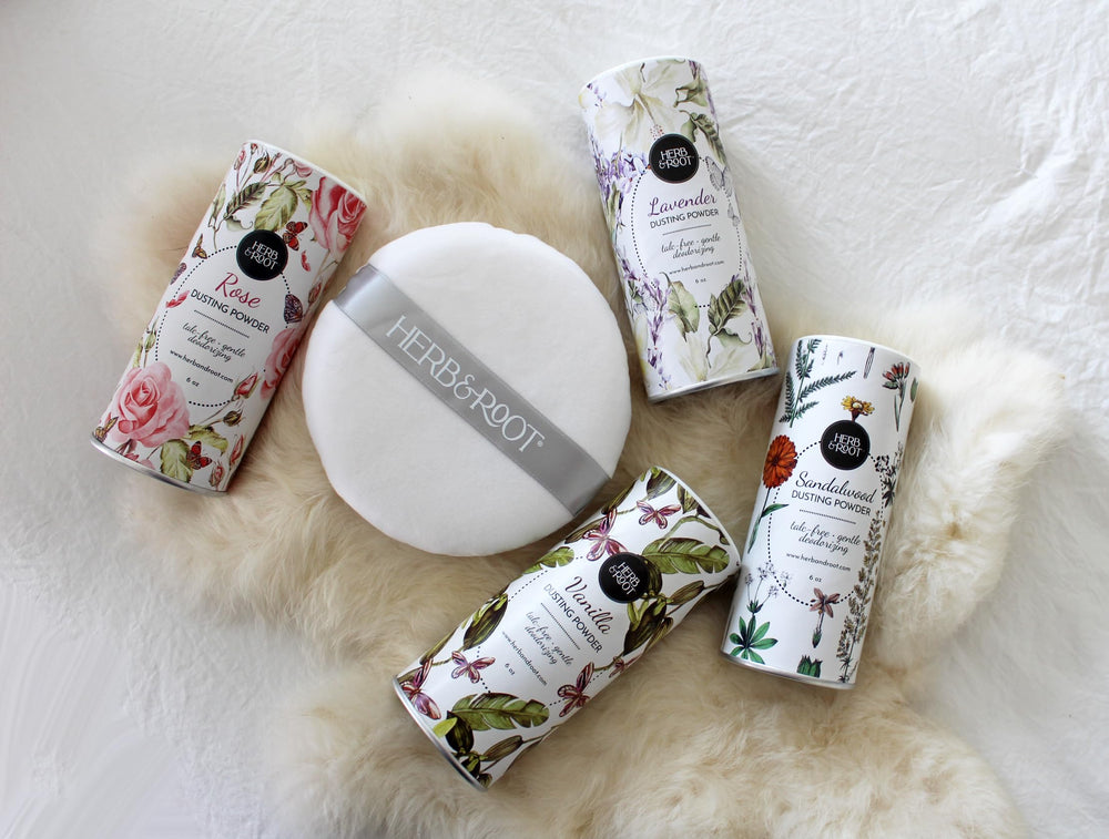 Herb & Root anti-chafing powder shown for smooth skin comfort.