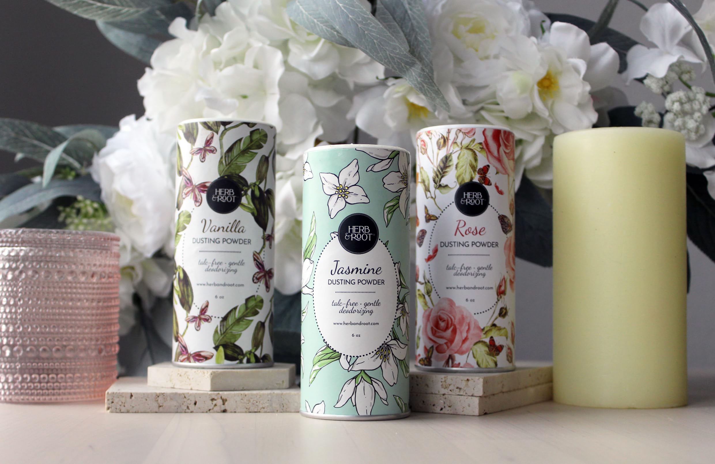 Herb & Root Jasmine gift-set packaging shows travel-friendly powder.