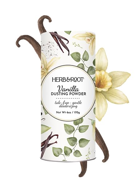 Herb & Root talc-free powder rose bottle ready to refresh skin after shower.