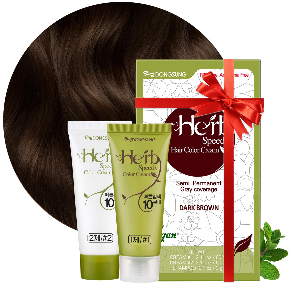 Herb Speedy Color Cream dark brown bottle shows quick, even color application.
