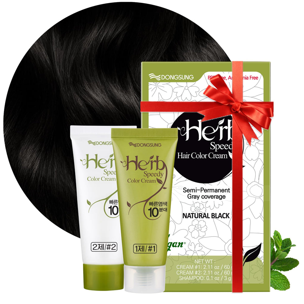 Herb Speedy color cream Natural Black packaging highlights vegan, PPD-free formula for sensitive scalps.