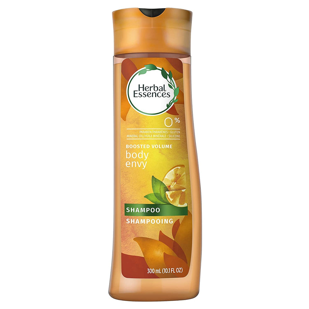 Herbal Essences Body Envy shampoo bottle pour demonstrates easy daily application.