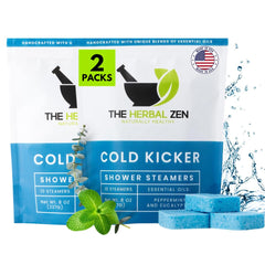 The Herbal Zen Cold Kicker shower-steamer pack ready for a sinus relief ritual.