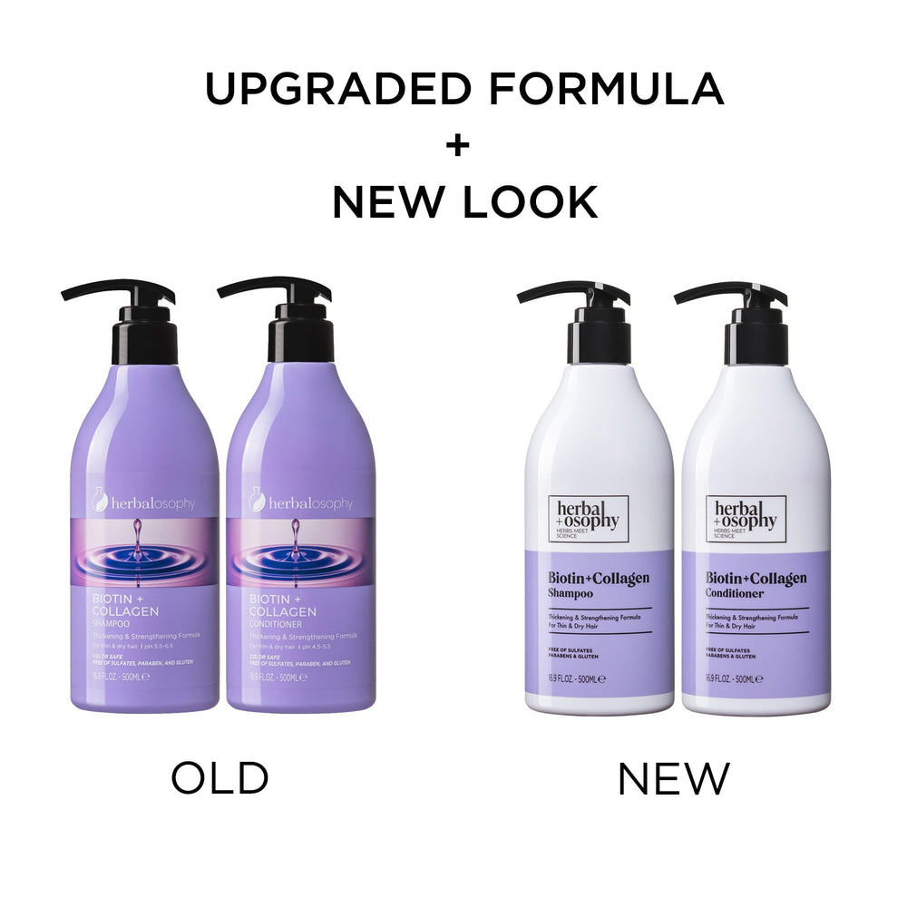 Herbalosophy Biotin & Collagen Conditioner bottle highlights nourished, smooth-looking hair