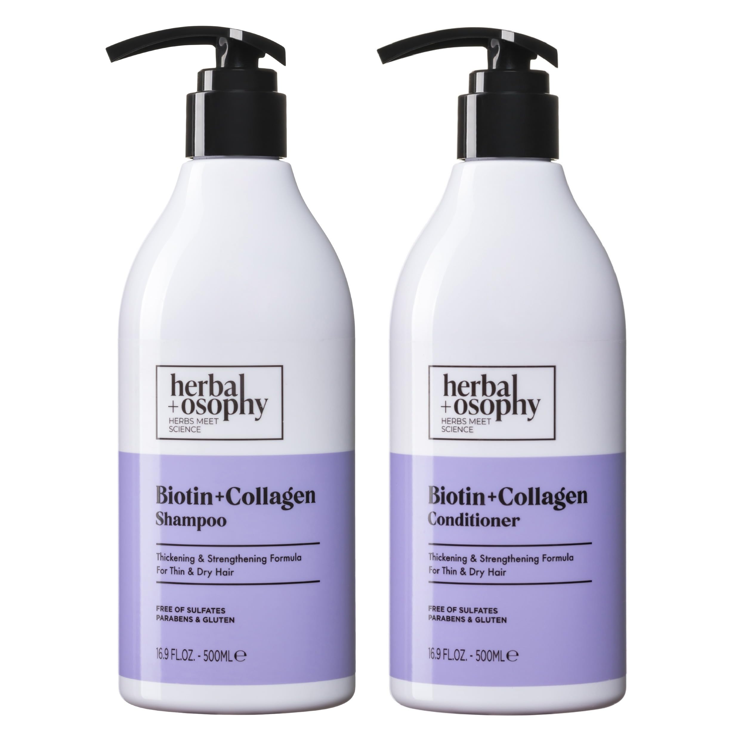 Herbalosophy Biotin & Collagen Shampoo bottle suggests stronger strands through premium formula