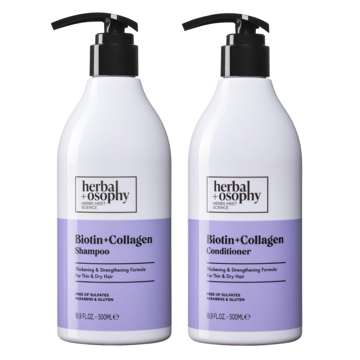 Herbalosophy Biotin & Collagen Shampoo bottle suggests stronger strands through premium formula