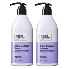 Herbalosophy Biotin & Collagen Shampoo bottle suggests stronger strands through premium formula