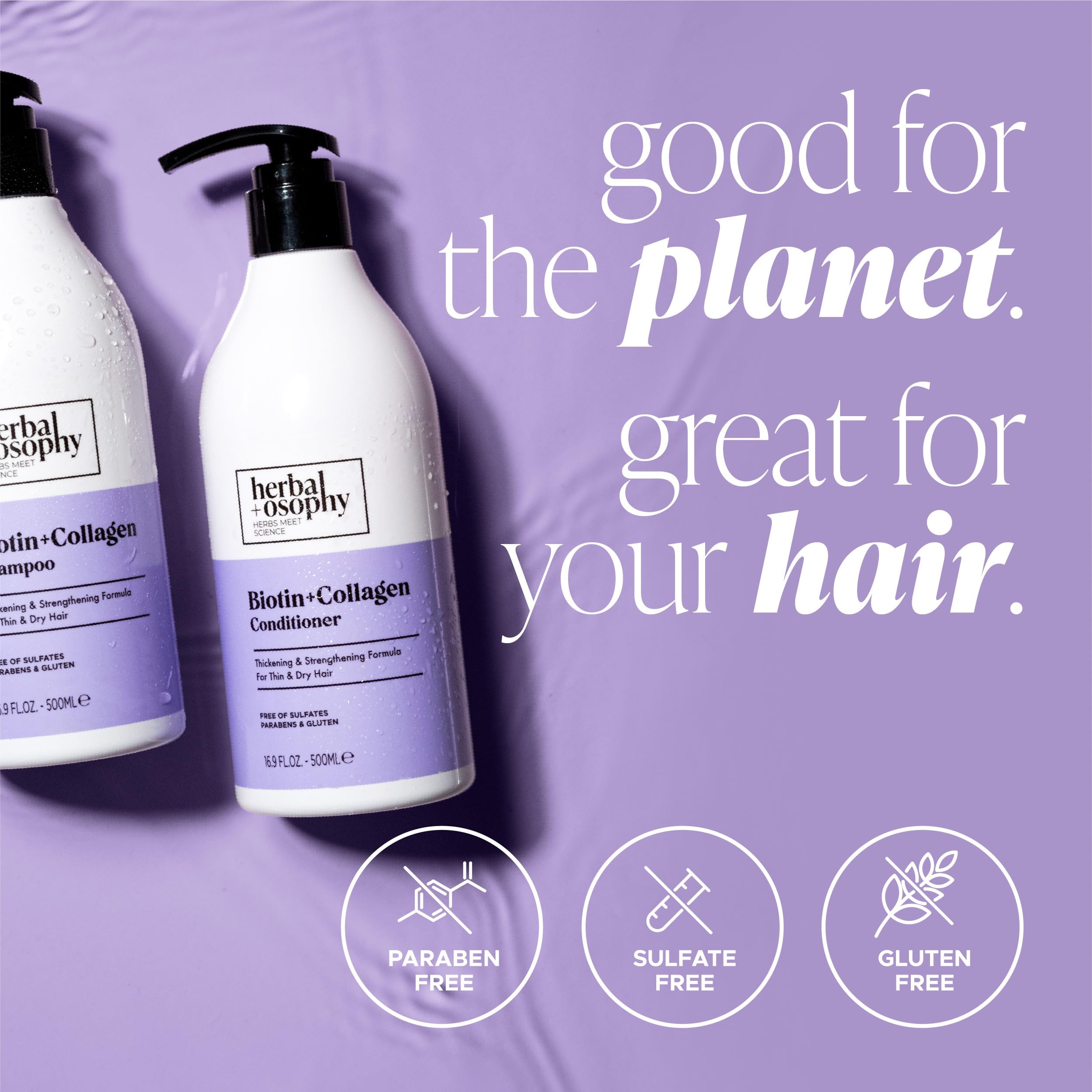 Herbalosophy color-safe badge on bottles communicates sulfate-, paraben-, gluten-free formula
