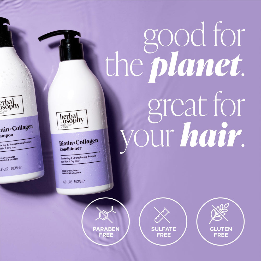 Herbalosophy color-safe badge on bottles communicates sulfate-, paraben-, gluten-free formula