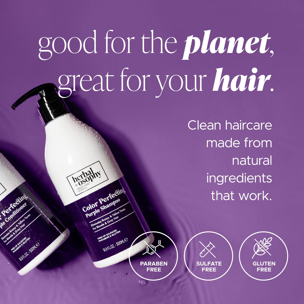 Herbalosophy pH-balanced bottles illustrate scalp-friendly cleansing and conditioning
