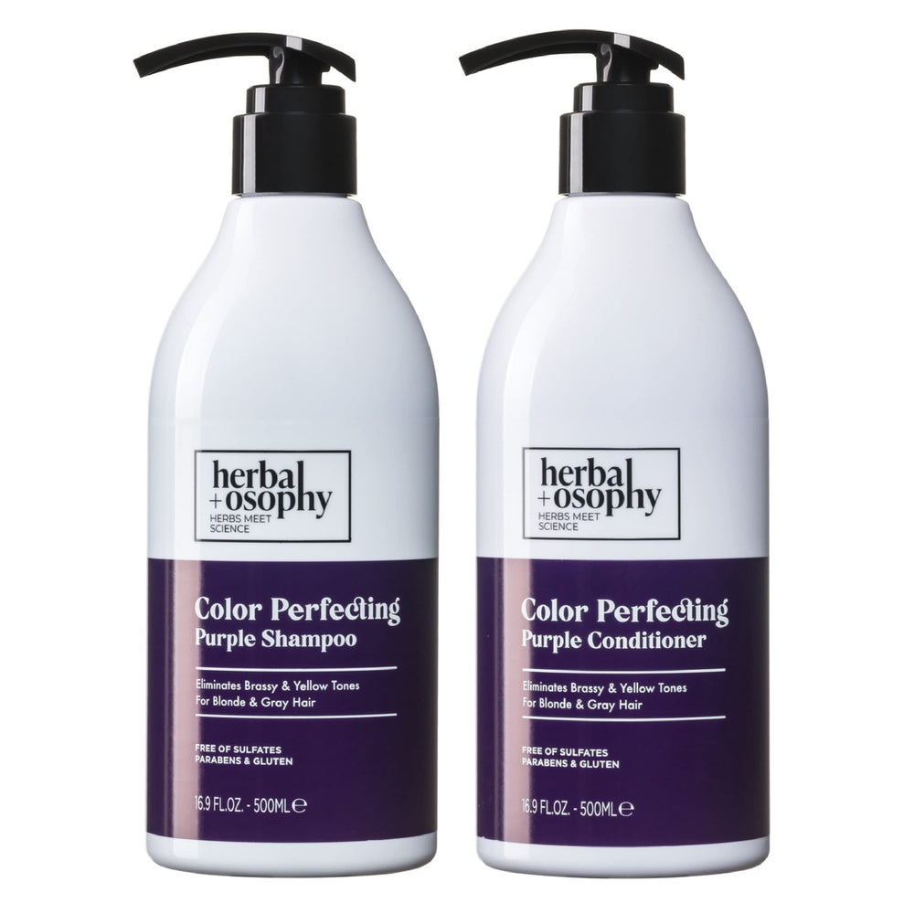 Herbalosophy purple shampoo bottle close-up highlighting brassy removal for cooler blonde tones