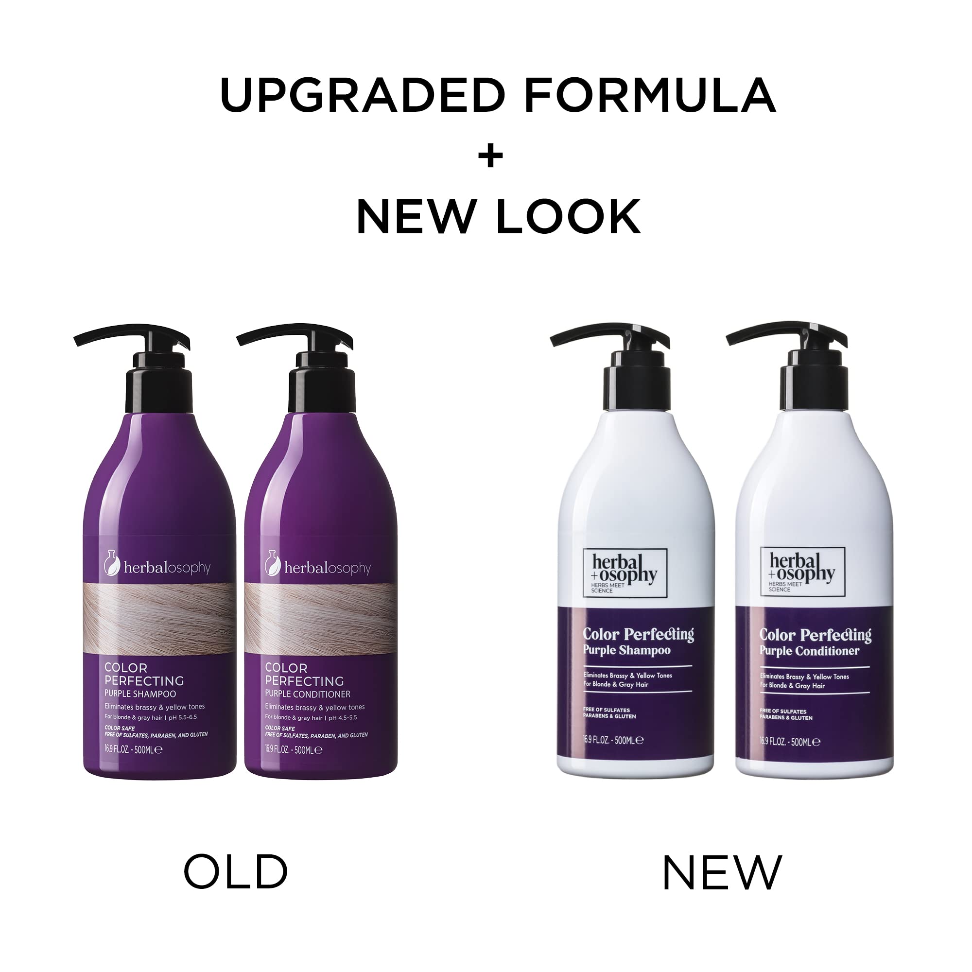 Herbalosophy shampoo and conditioner pack close-up showing color-correcting power