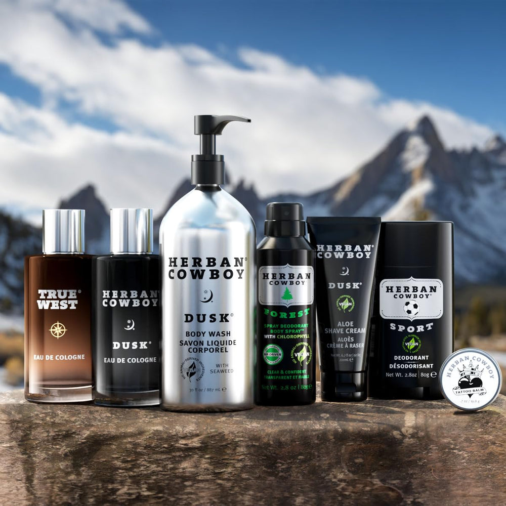 Herban Cowboy Dusk scent profile emphasizes cedar leaf, lavender, lime, sandalwood mood boost