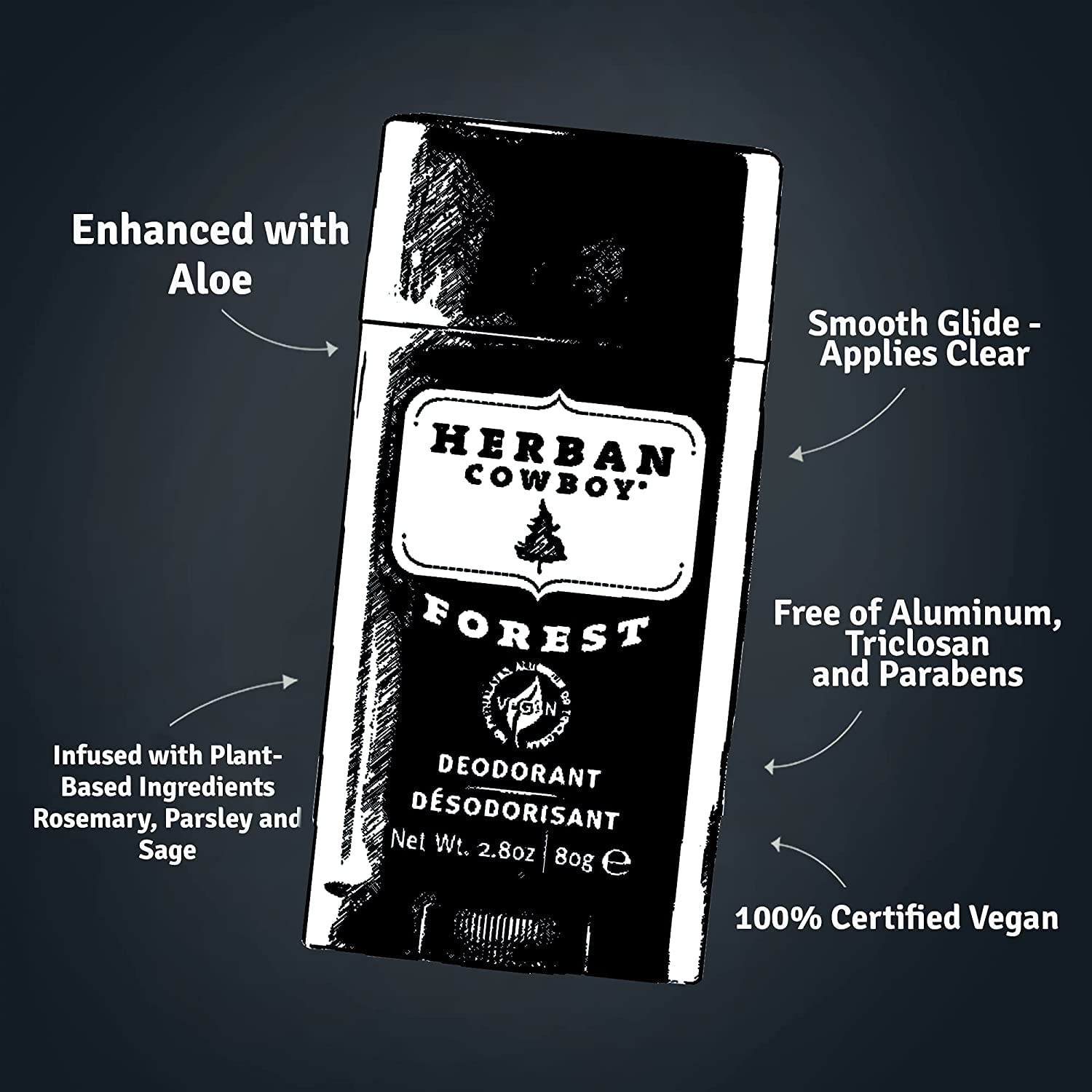 Label closeup of Forest Deodorant highlights branding and product details.
