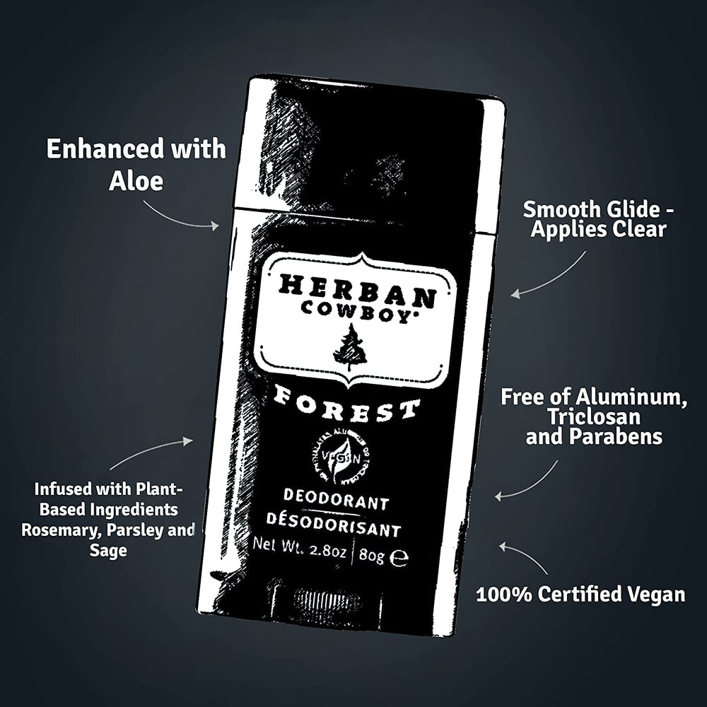Label closeup of Forest Deodorant highlights branding and product details.