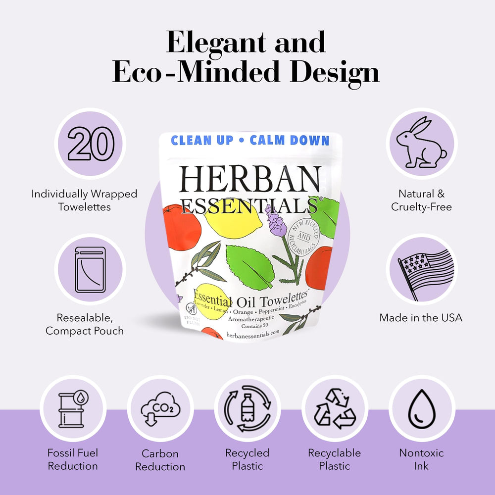Herban Essentials lavender aroma towelettes offer calming, spa-like scent.