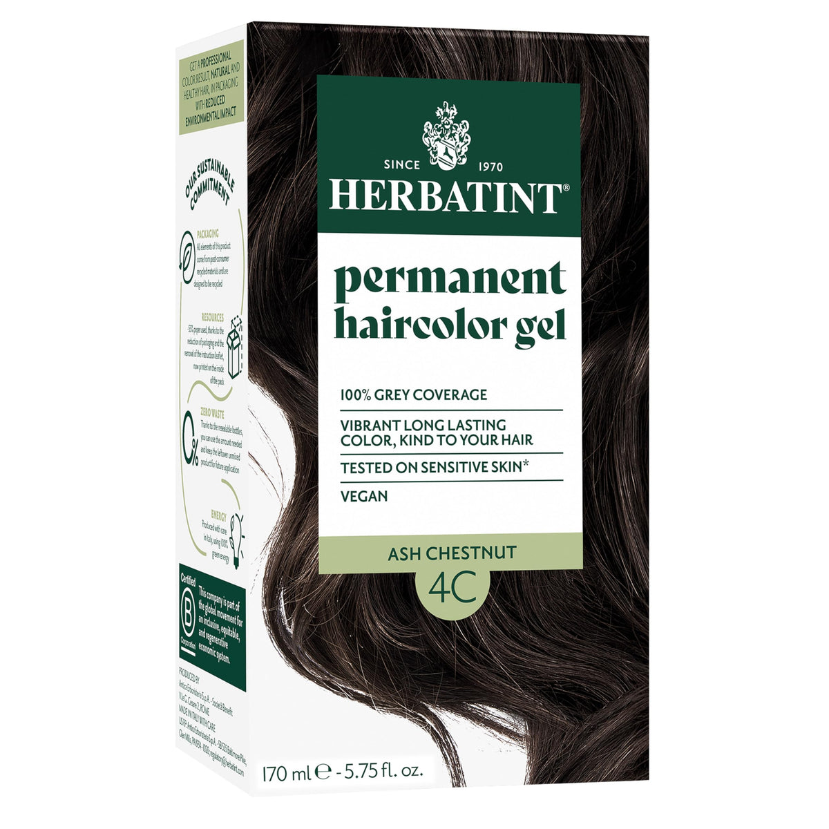 Herbatint 4C Ash Chestnut bottle shows ammonia-free color option for natural results.