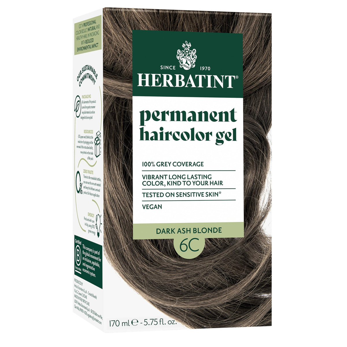 Herbatint 6C Dark Ash Blonde bottle shows ammonia-free formula for sensitive scalps.
