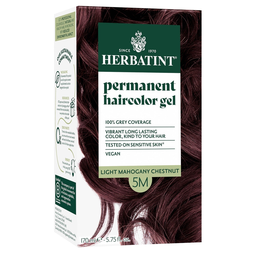 Herbatint hair dye 5M Light Mahogany Chestnut packaging highlights sustainable, reusable design.