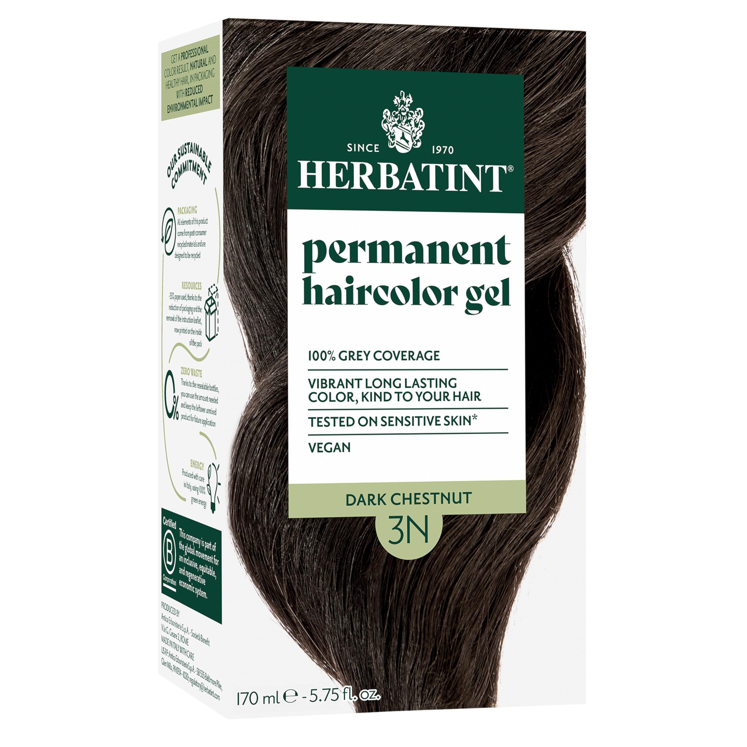 Herbatint 3N Dark Chestnut dye bottle with even gray coverage.