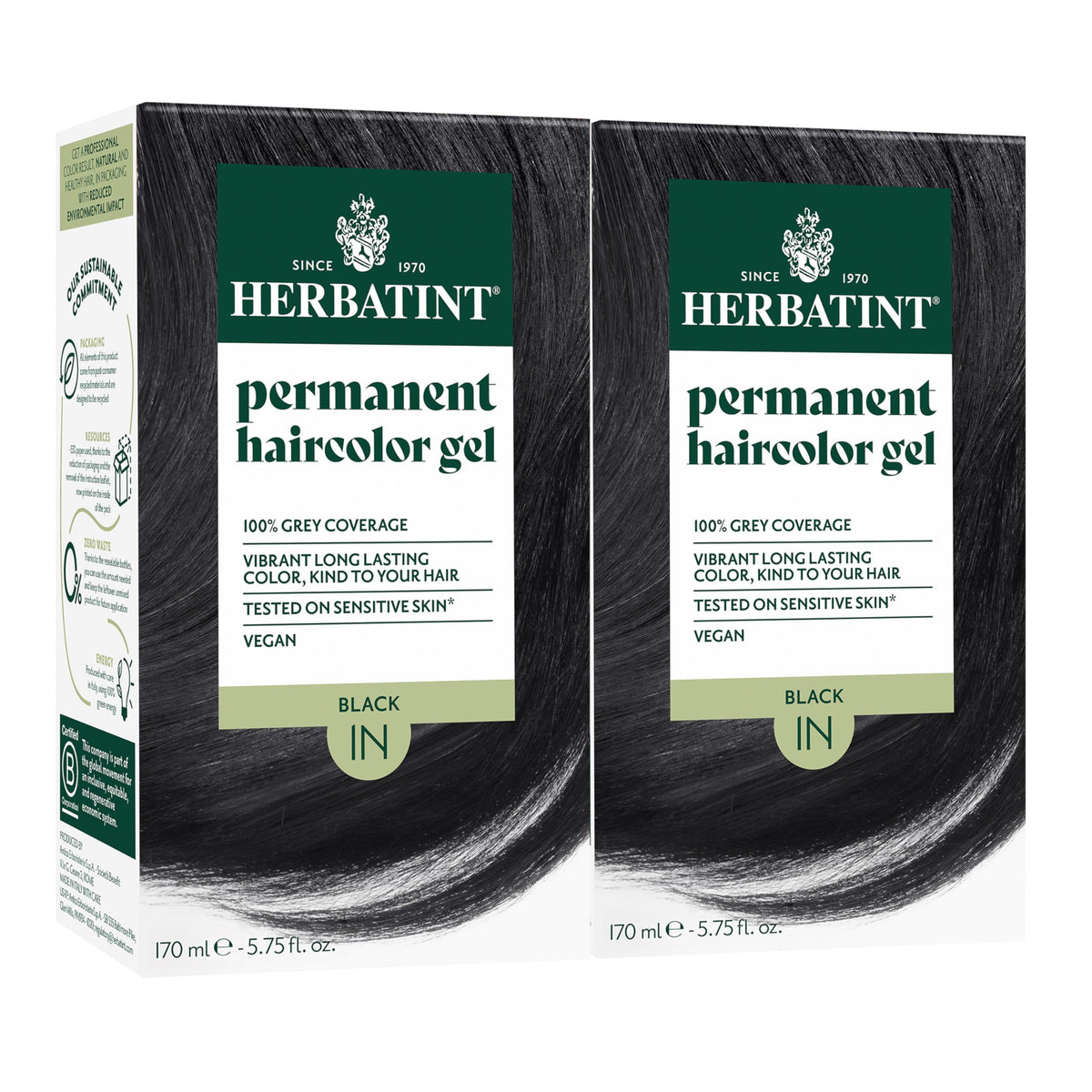 Herbatint permanent hair dye 1N black bottle shows vibrant, even gray coverage for natural-looking color.