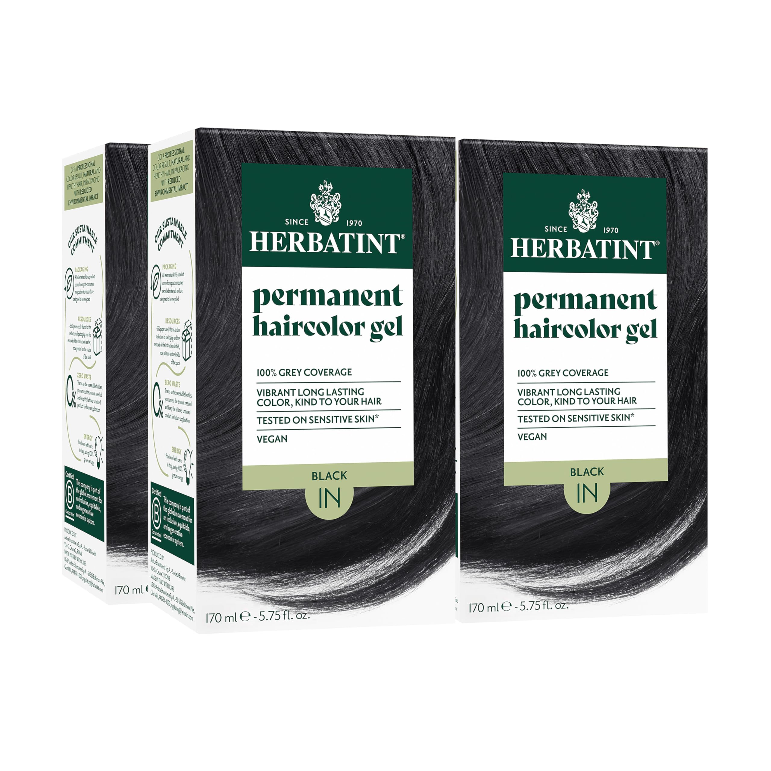 Herbatint permanent hair dye 1N black packaging shows eco-friendly design for color at home.
