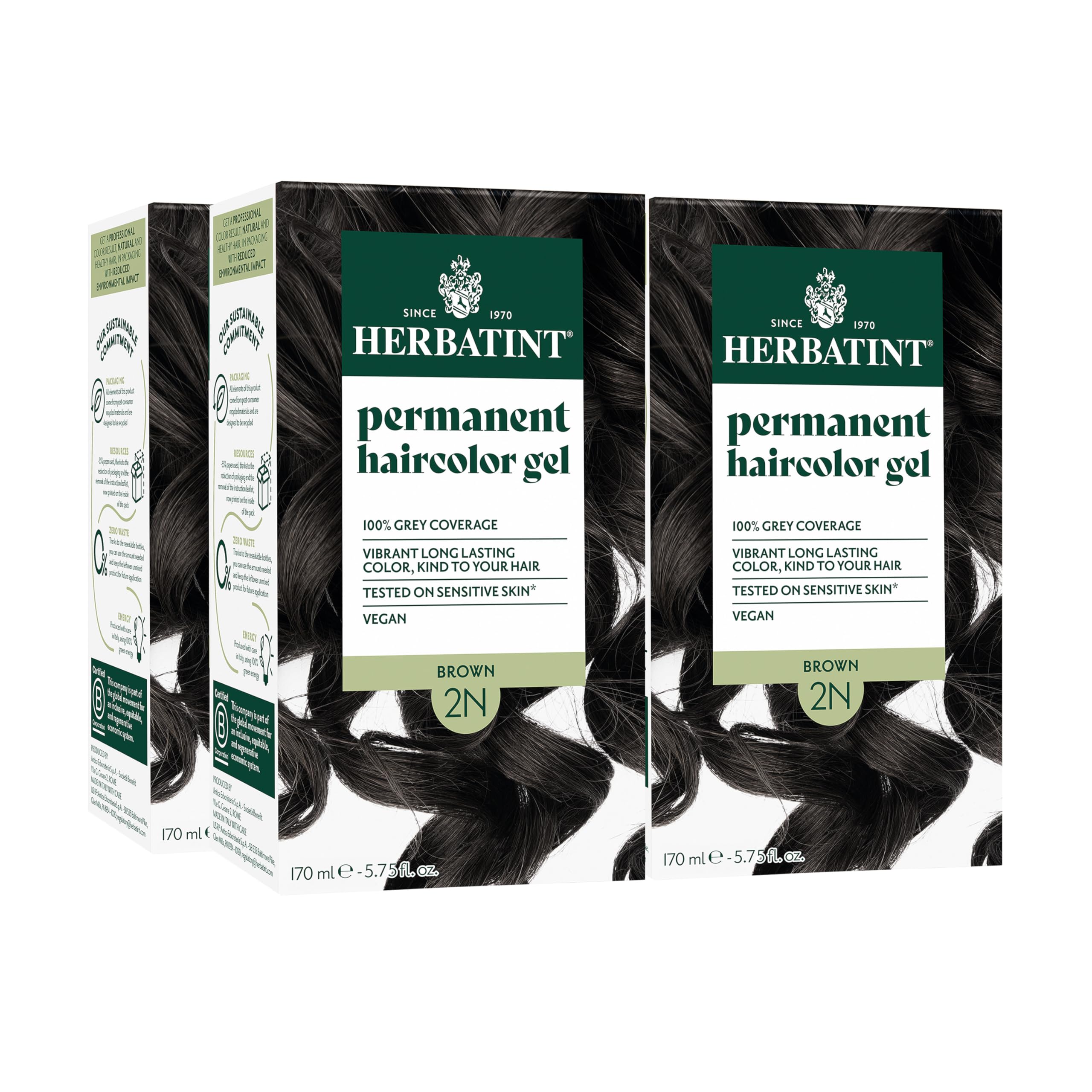 Herbatint permanent hair dye 2N brown box showcases natural coverage for resistant gray