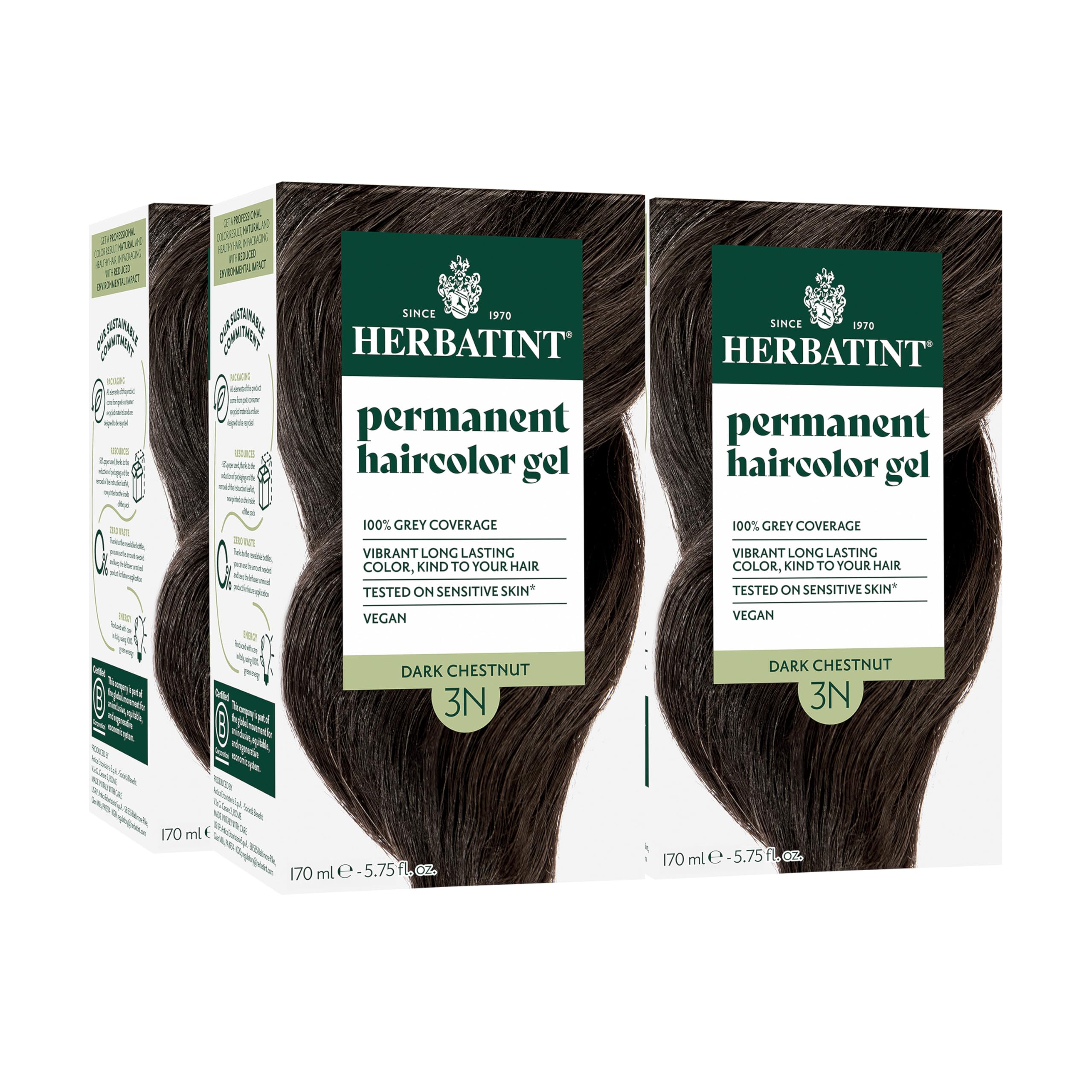 Herbatint 3N dark chestnut pack shot with four-pack bottles for at-home gray coverage