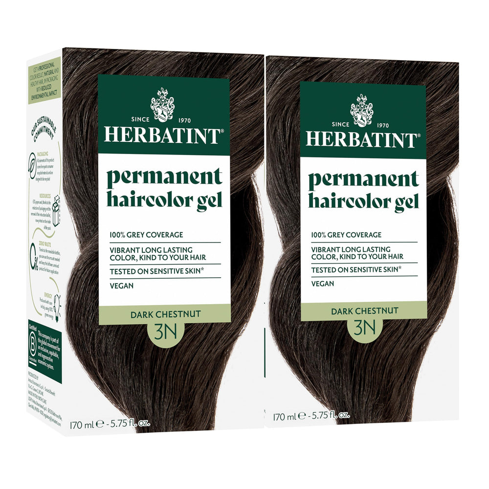 Herbatint permanent hair dye 3N dark chestnut packaging highlights eco-friendly design and generous product volume.