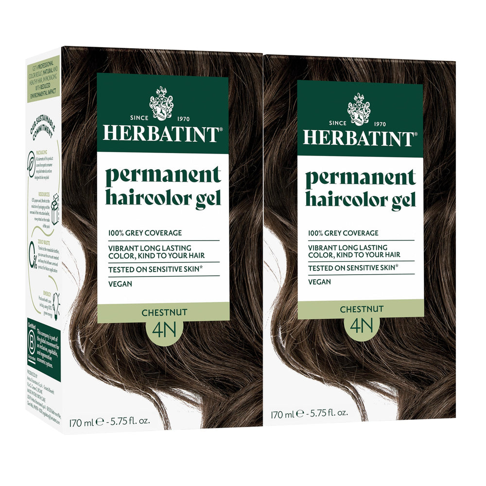 Herbatint 4N Chestnut pack shot shows two bottles for home coloring.