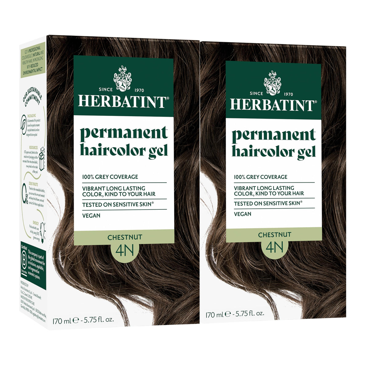 Herbatint 4N Chestnut pack shot shows two bottles for home coloring.