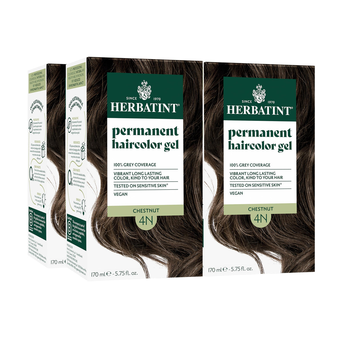 Herbatint 4N Chestnut packaging with dye bottle and conditioner sample for extended color care.