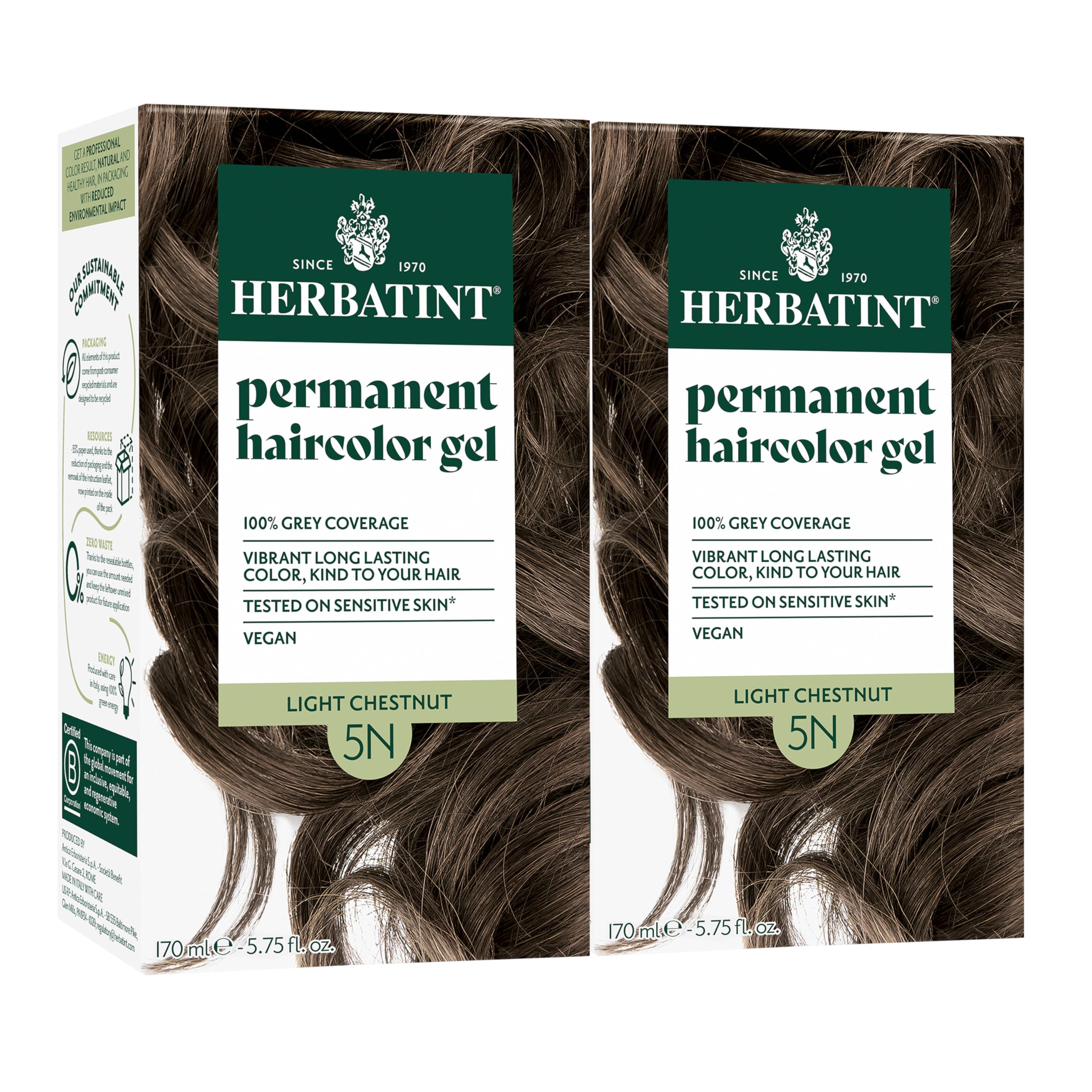 Herbatint permanent hair dye 5N light chestnut application for even gray coverage.