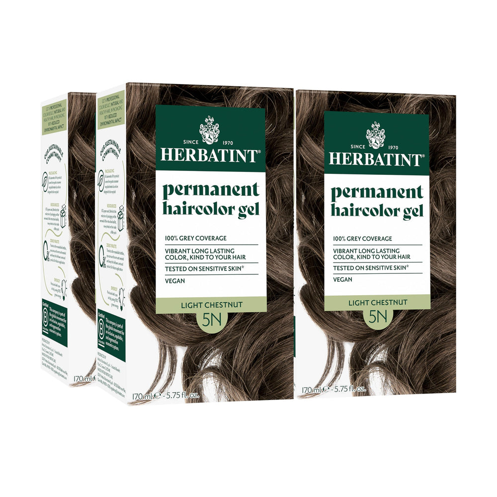 Herbatint permanent hair dye 5N light chestnut box and gloves for at-home color application.