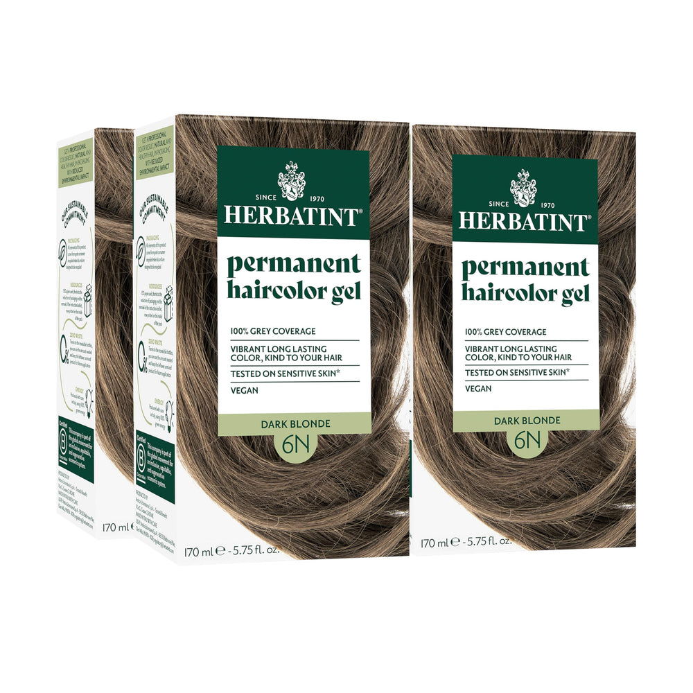 Herbatint permanent hair dye 6N dark blonde during application for gray coverage.