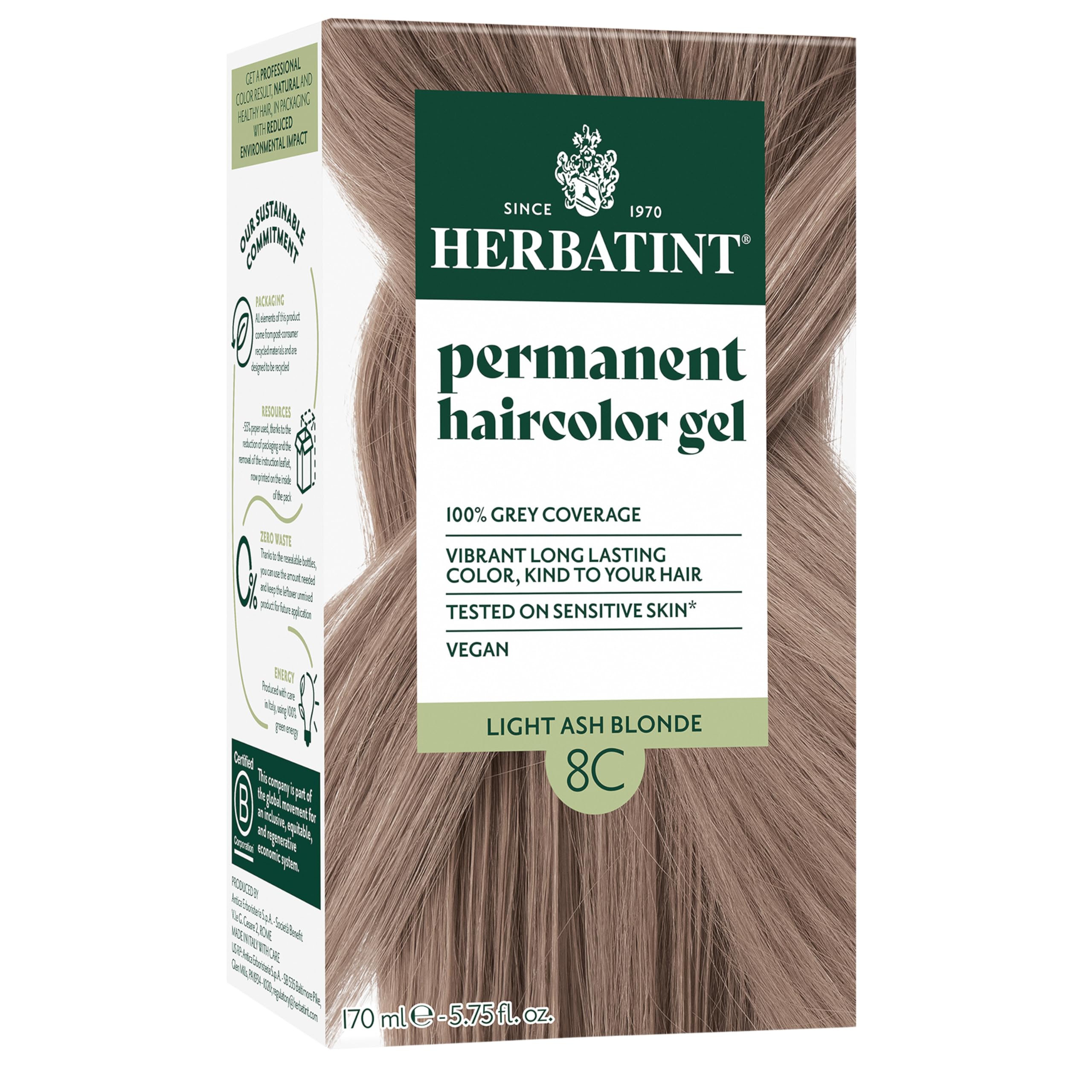 Herbatint permanent hair dye 8C light ash blonde bottle for salon-ready color.
