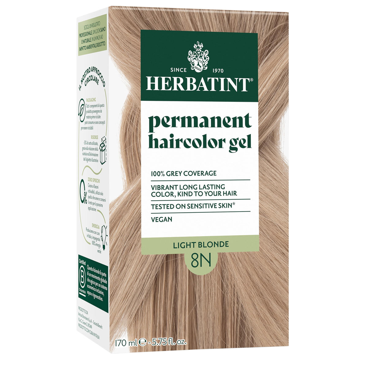 Herbatint 8N bottle close-up for natural gray coverage at home.