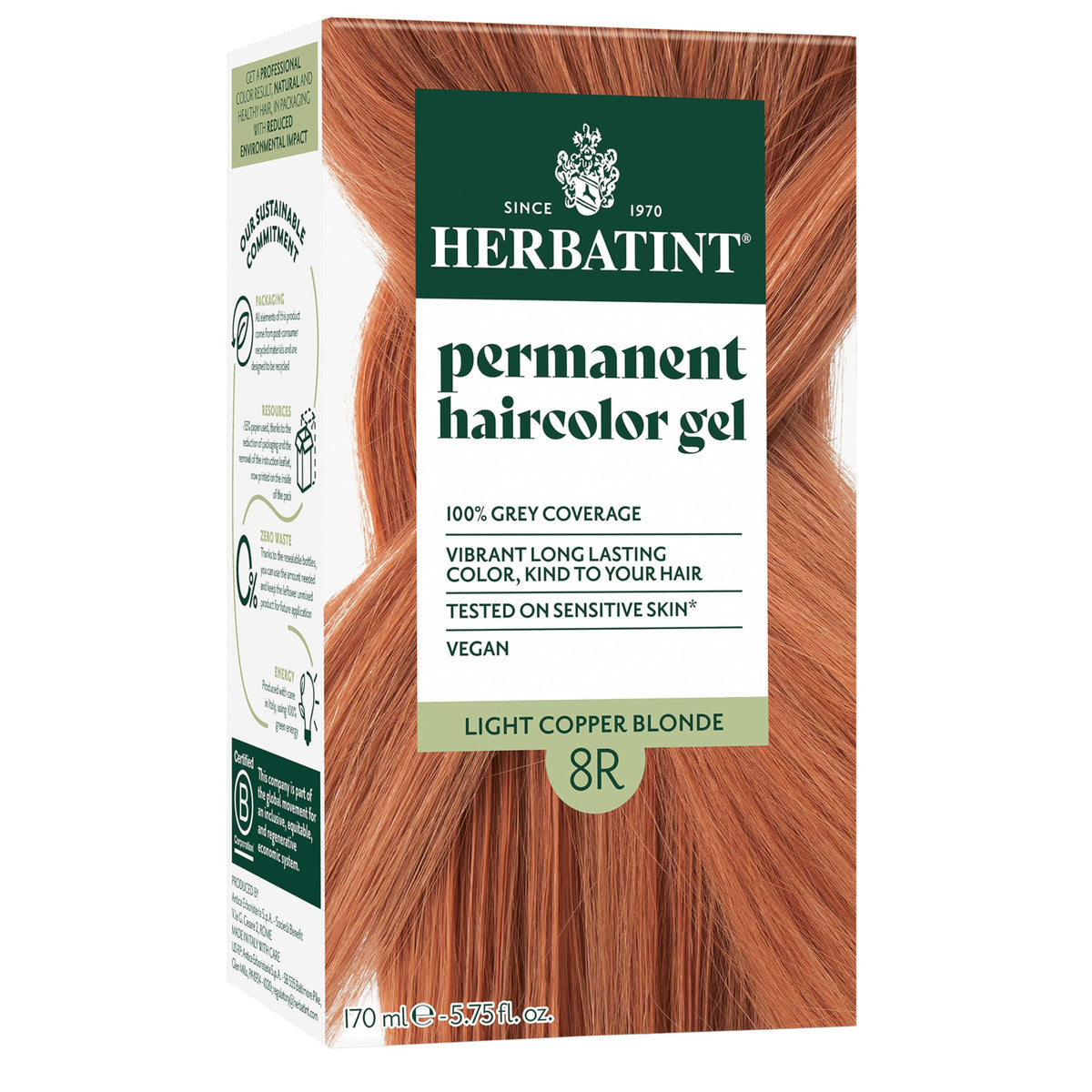 Herbatint 8R light copper blonde bottle for easy at-home color application.