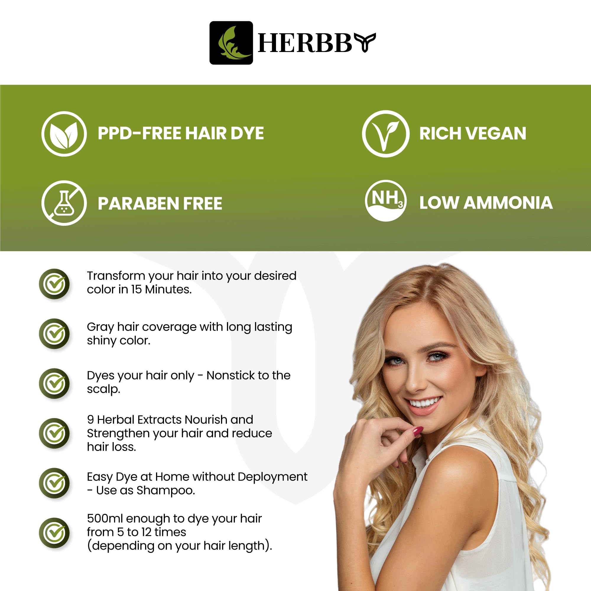 HERBBY 9 herbal extracts bottle highlights nourishing scalp and hair strength.