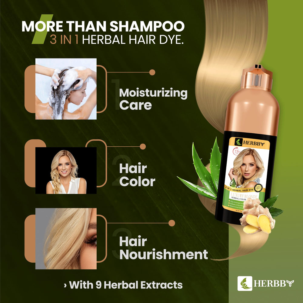 HERBBY color shampoo nourishes hair while covering gray at home.