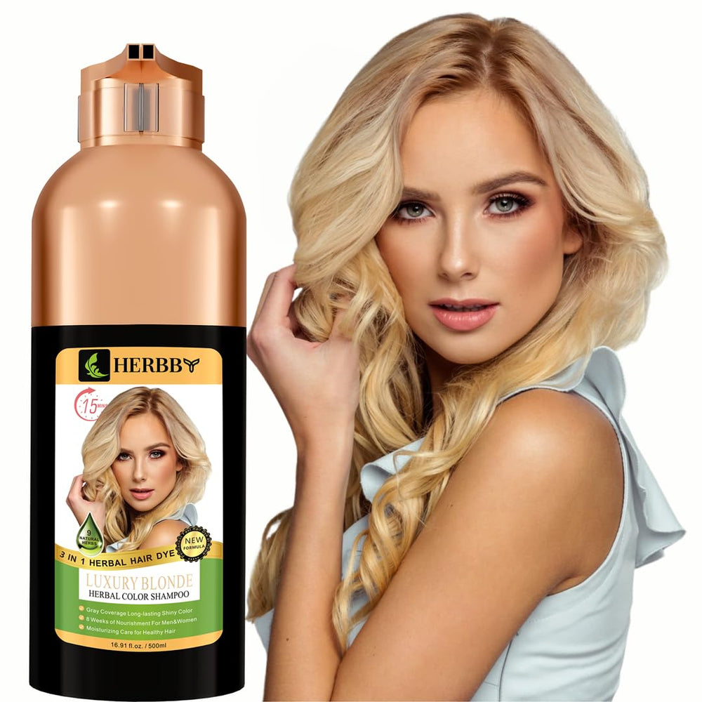 HERBBY Hair Color Shampoo gray-hair-coverage demonstrates natural-looking color transformation.