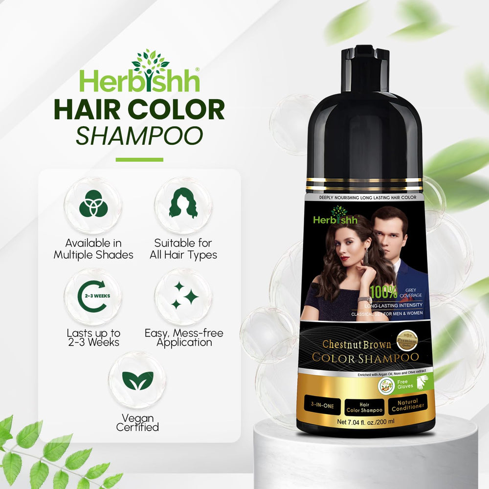 Herbishh Chestnut Brown 3-in-1 shampoo demonstrates color, cleanse, and conditioning in one step.