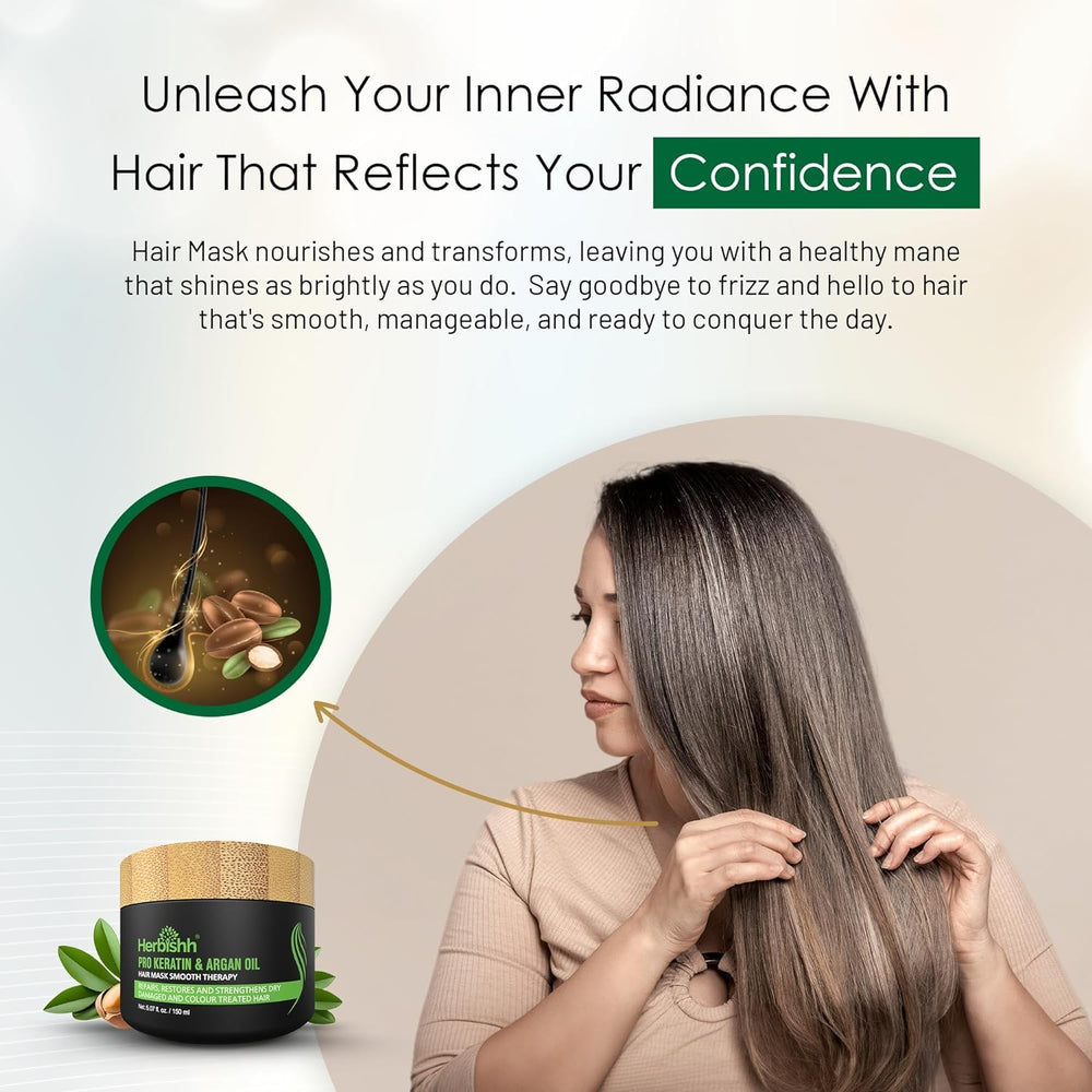 Herbishh Argan Hair Mask jar highlighting rich conditioning for frizz control.