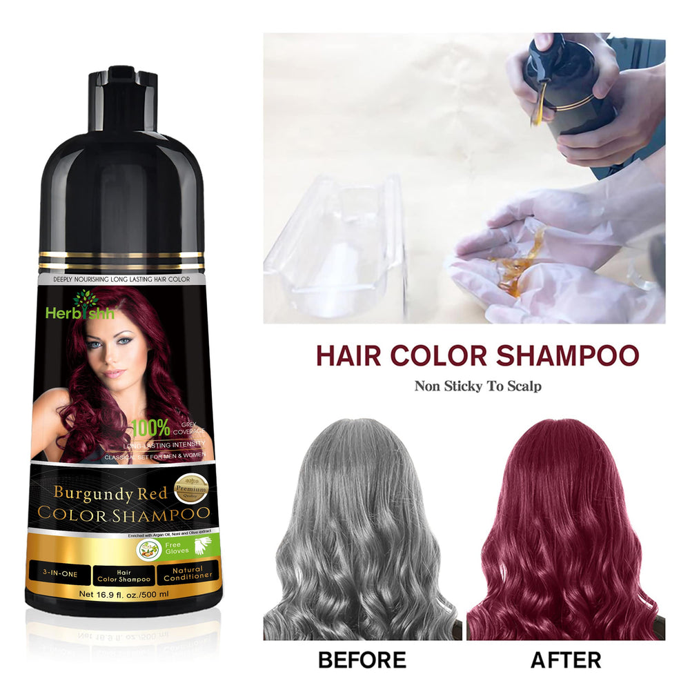 Herbishh Burgundy 3-in-1 shampoo pump showing easy at-home color application