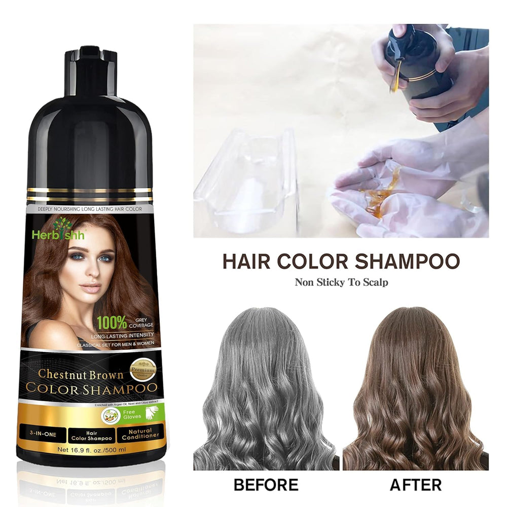 Herbishh Chestnut Brown label showing ammonia-free formula for gentle gray coverage
