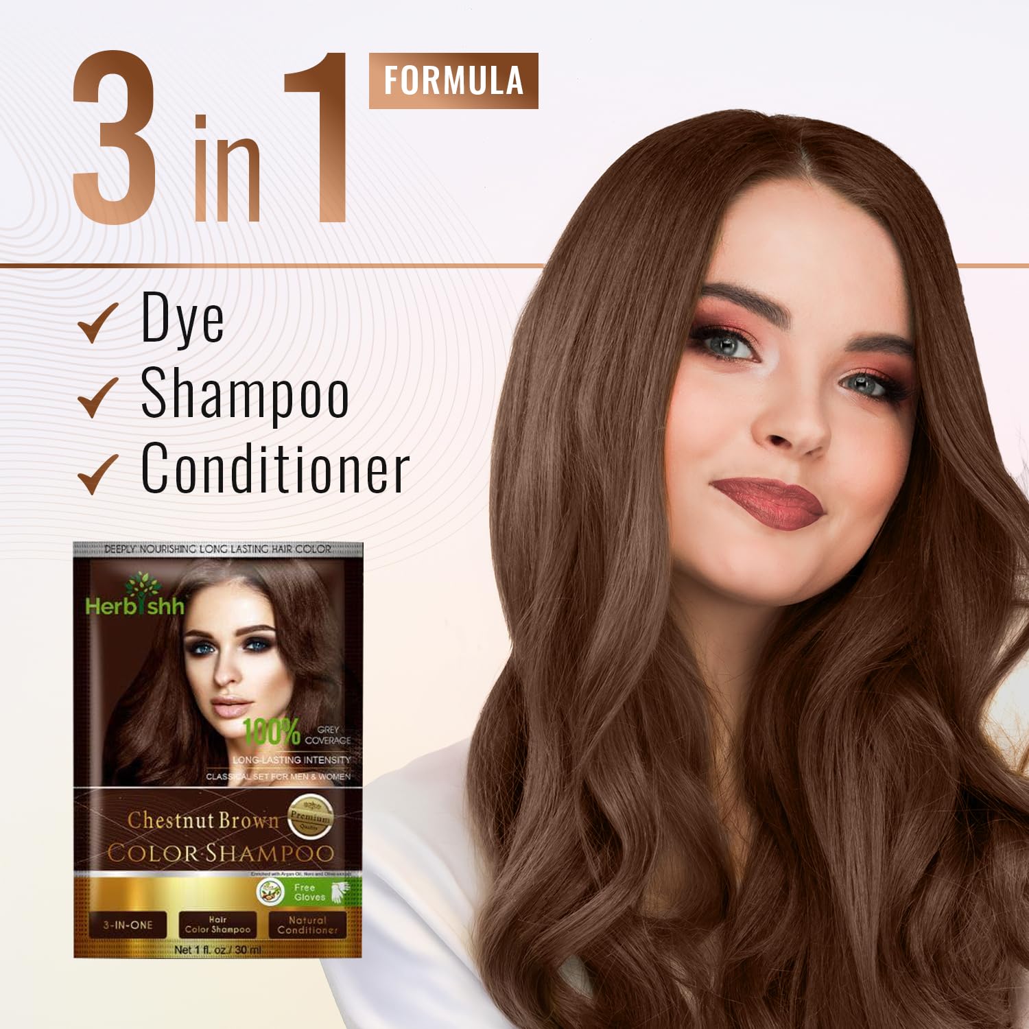 Herbishh chestnut brown shade matches current hair tones.