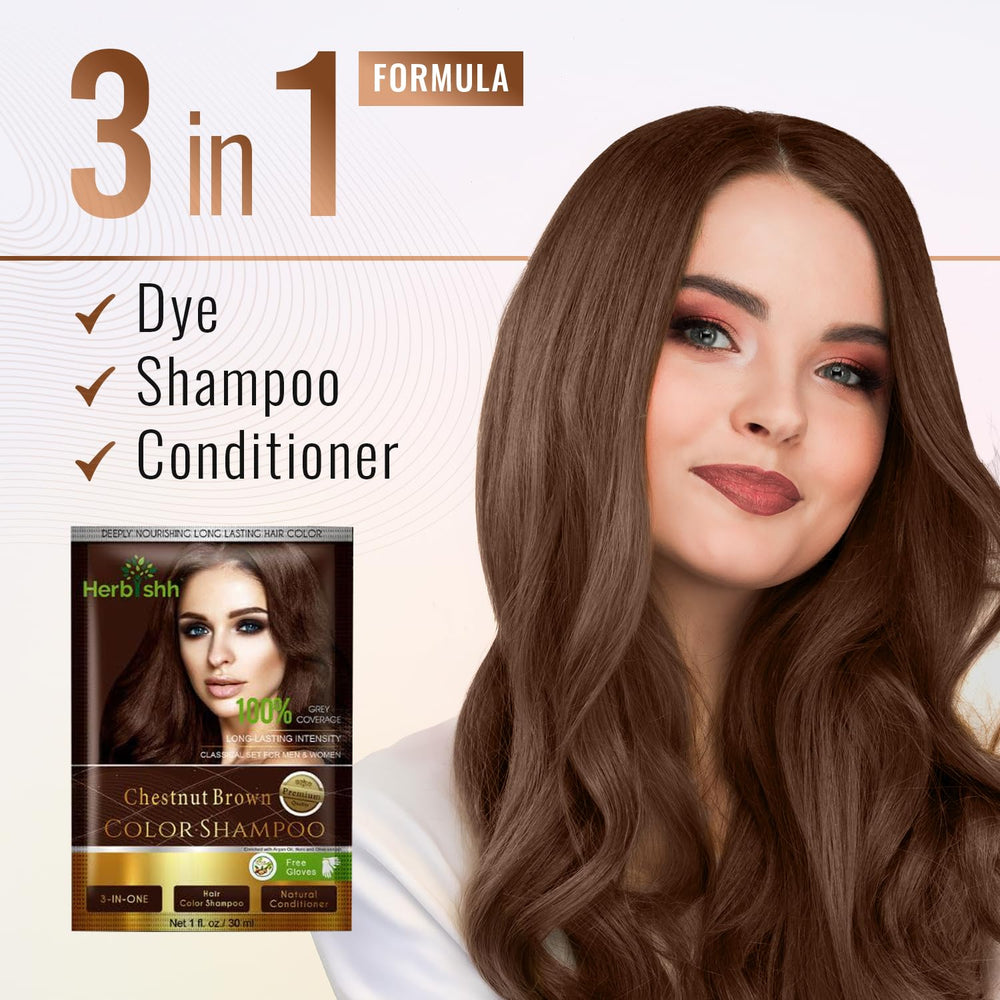 Herbishh chestnut brown shade matches current hair tones.