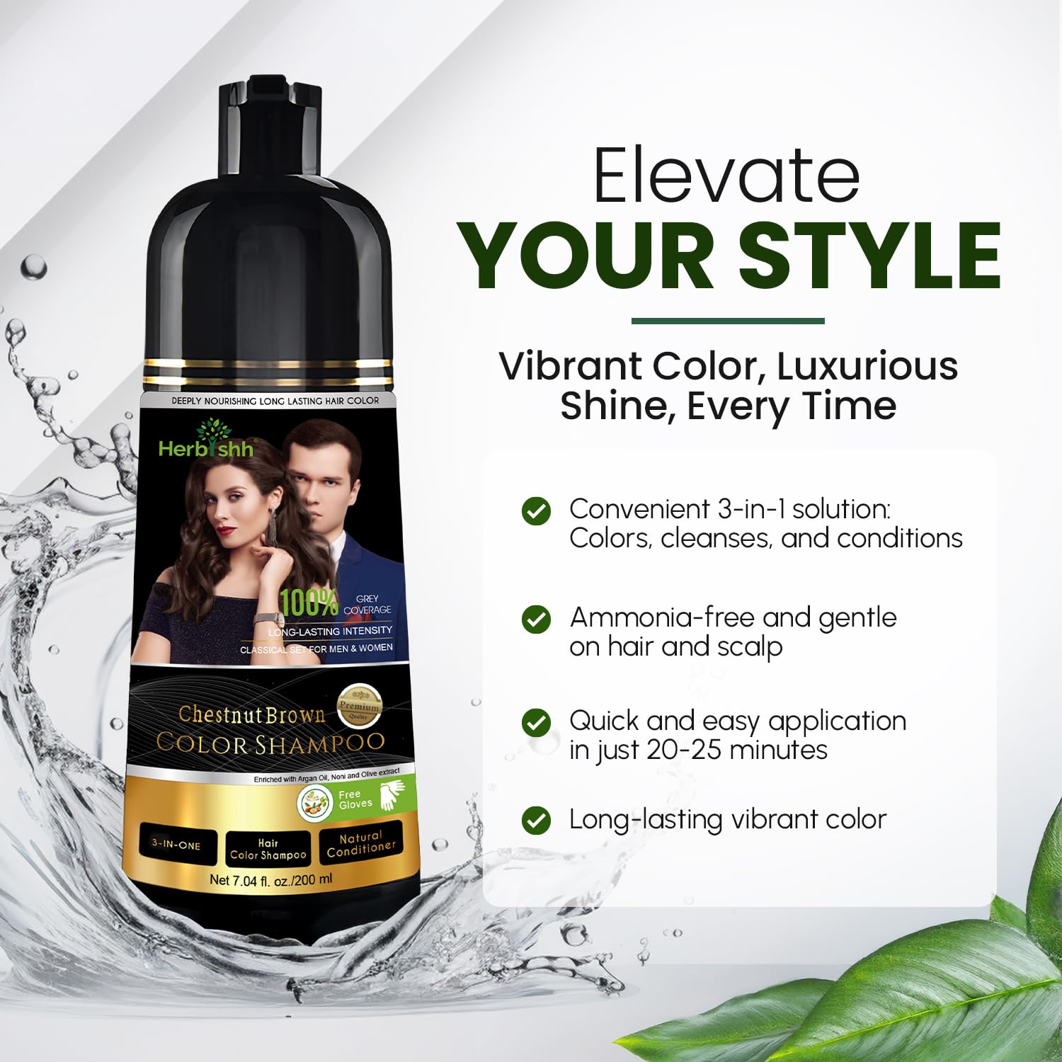 Herbishh Chestnut Brown Shampoo application scene illustrating 20-25 minute color transformation.